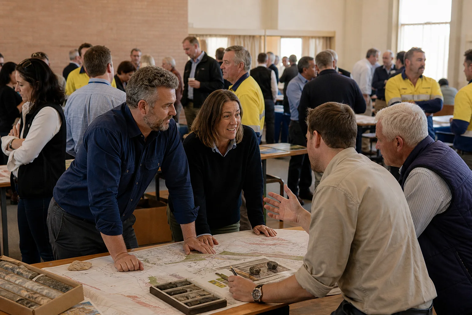 Editorial illustration of Australian resources delegates in a practical conference hall