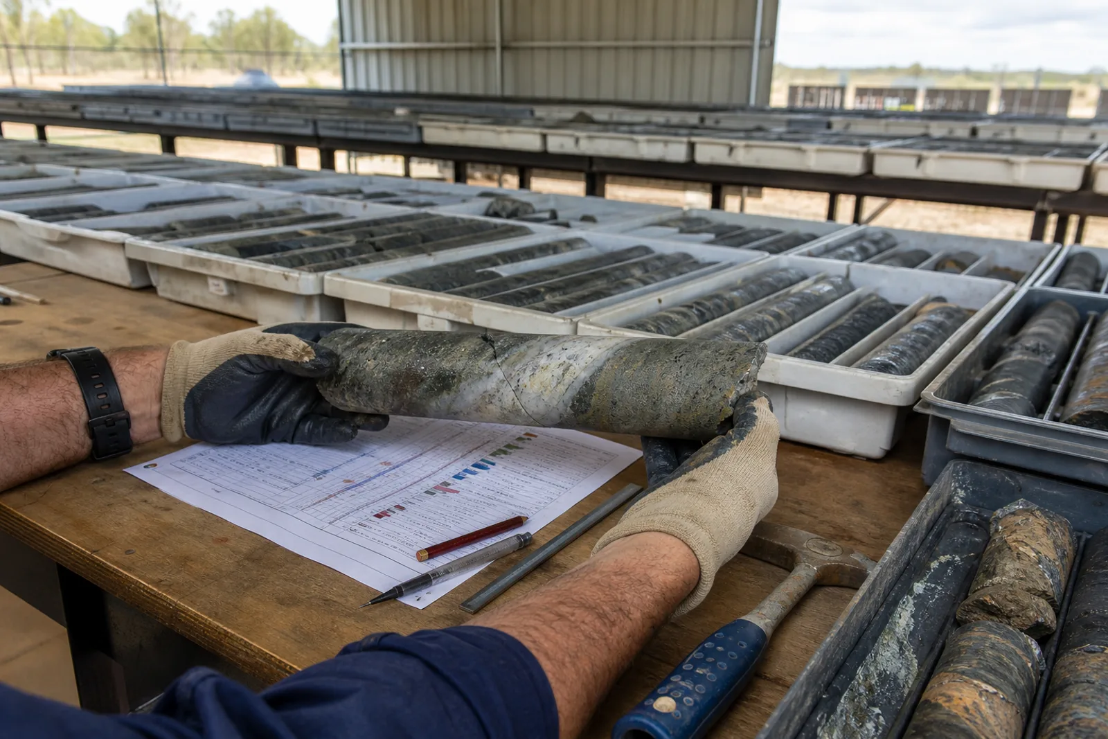 Gloved hands inspecting drill core in an Australian core shed
