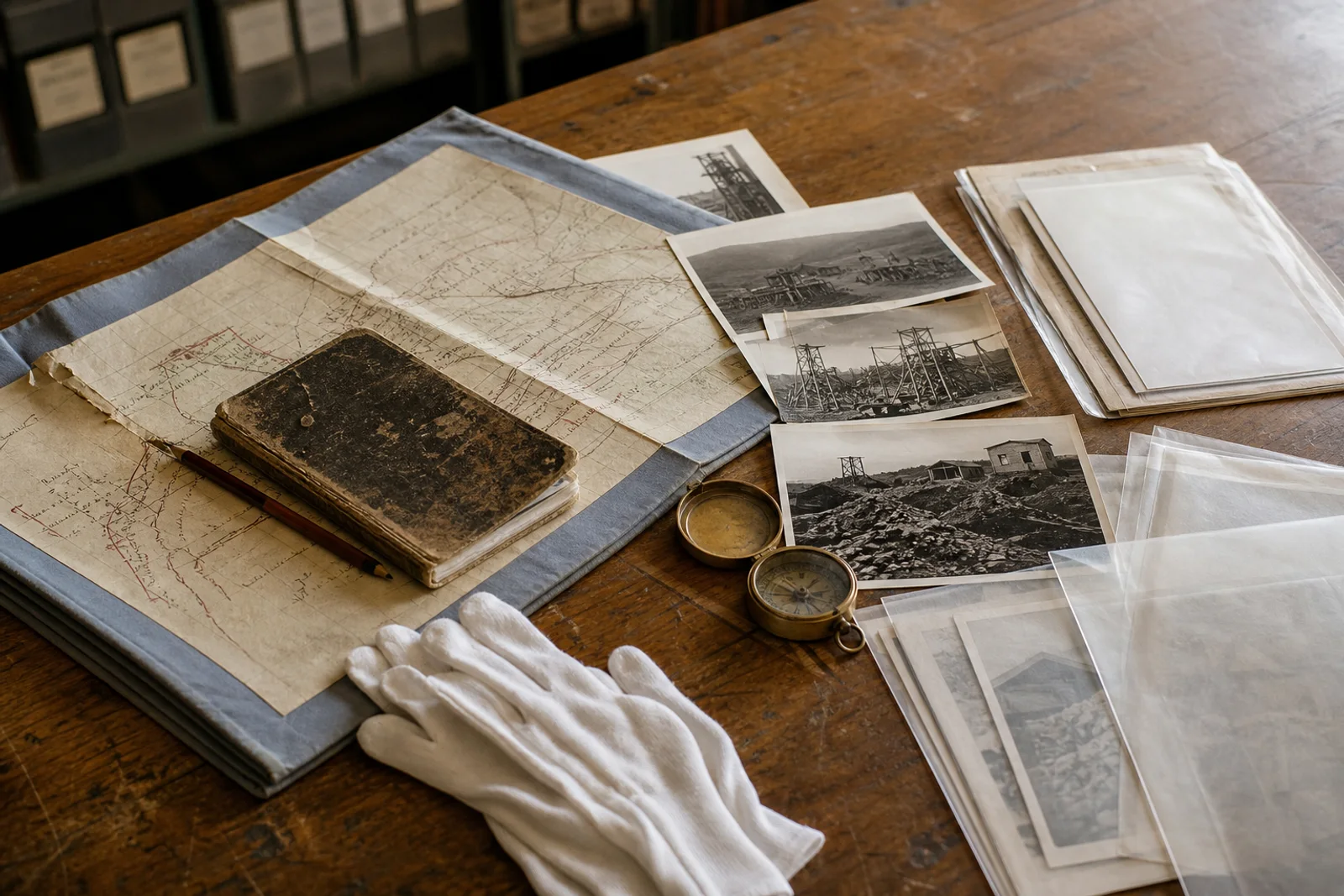 Historic mining maps, notebooks and photographs arranged for careful archival review