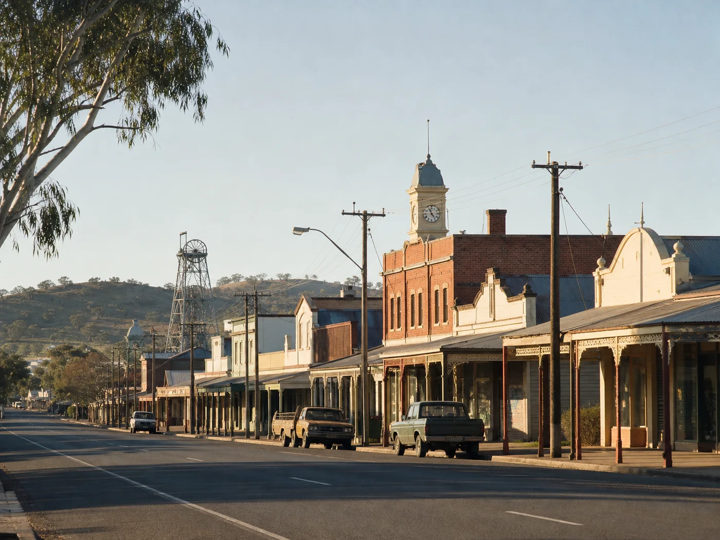 A regional Australian main street with a historic mine headframe beyond it