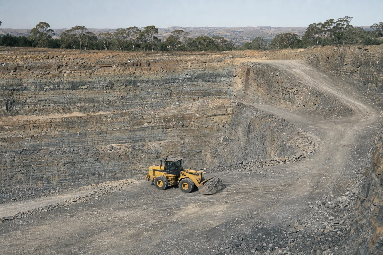 Editorial illustration of a regional Victorian sedimentary-rock quarry with layered benches and a wheel loader