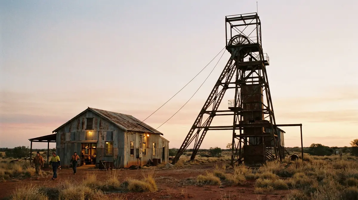 Gold-mine headframe at dawn — illustrative