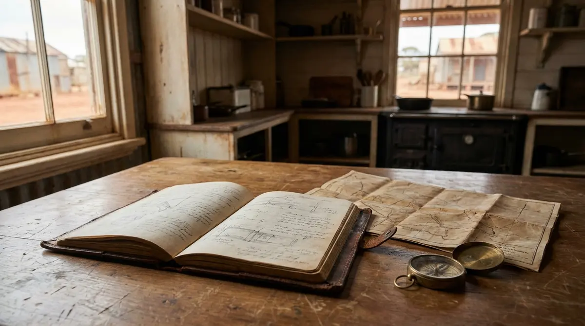 A miner’s field diary and canvas map — illustrative